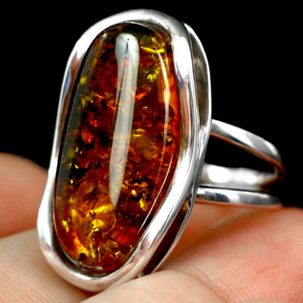 Bague Homme Argent 925 Avec Ambre Balte - Sigle Traforato Insecte, Neuve Sans Emballage